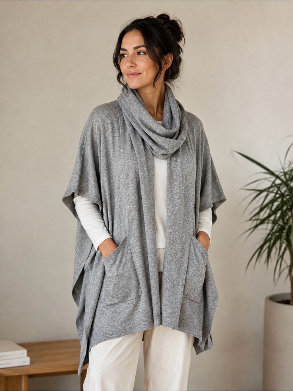 NWT Chico's Attached Scarf Ruana Wrap Poncho Sweater Gray Cashmere Blend OS